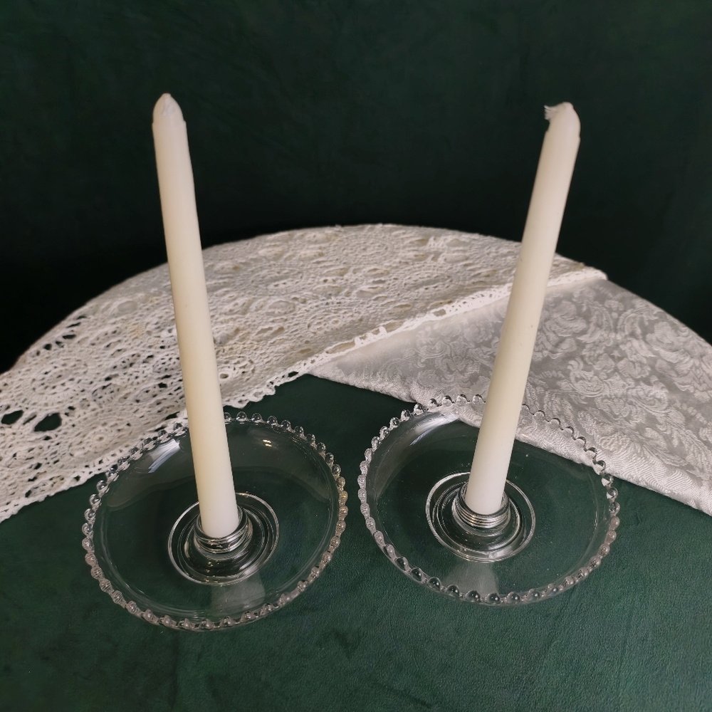 Vintage Imperial Clear Glass Candle Holders with Beaded Rim